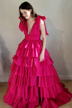 Gorgeous Plunging V-Neck Fuchsia Bow Straps Ruffle Ball Gown BM bride