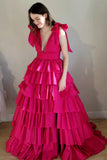 Gorgeous Plunging V-Neck Fuchsia Bow Straps Ruffle Ball Gown BM bride