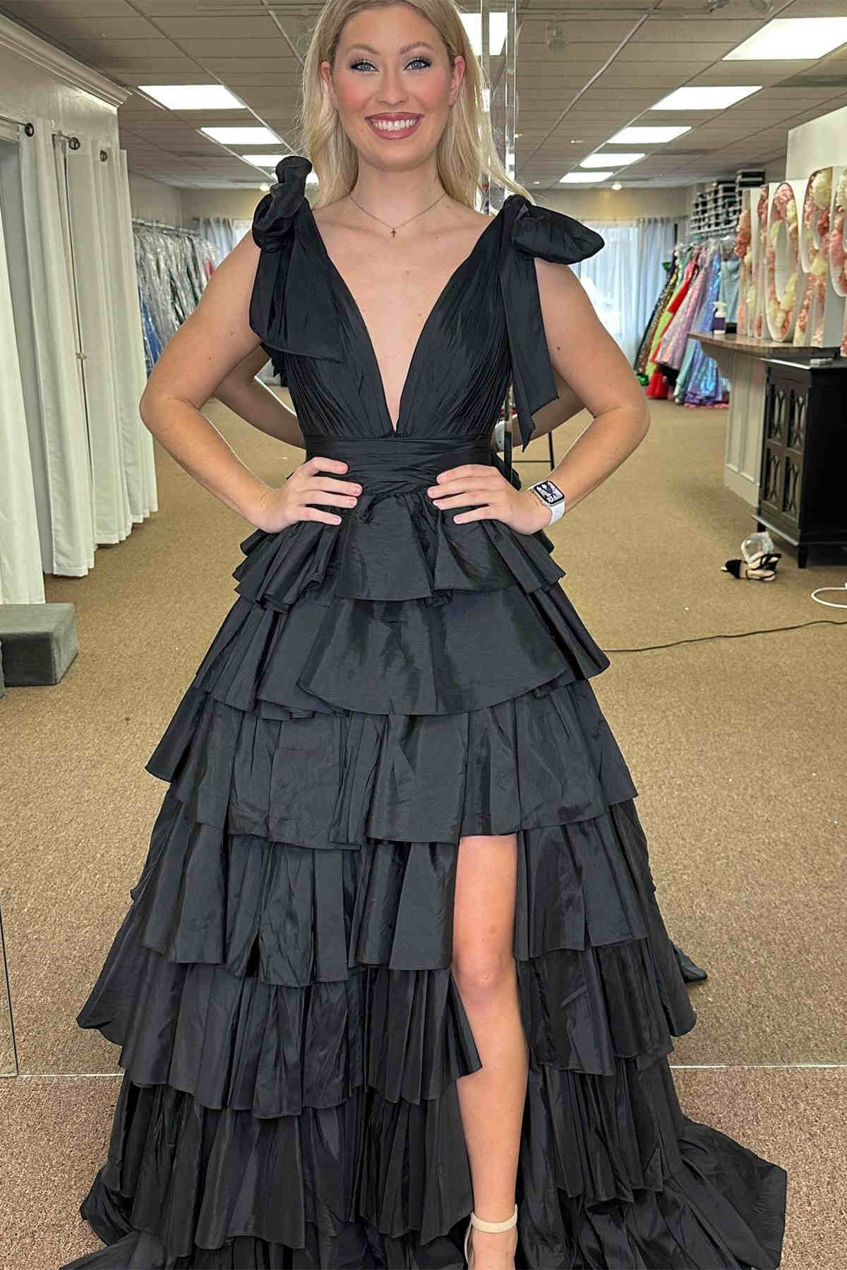 Gorgeous Plunging V-Neck Fuchsia Bow Straps Ruffle Ball Gown BM bride