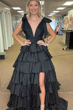 Gorgeous Plunging V-Neck Fuchsia Bow Straps Ruffle Ball Gown BM bride