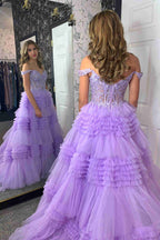 Elegant Red Tulle Off-the-Shoulder Ruffle Tiered Long Prom Dress BM bride