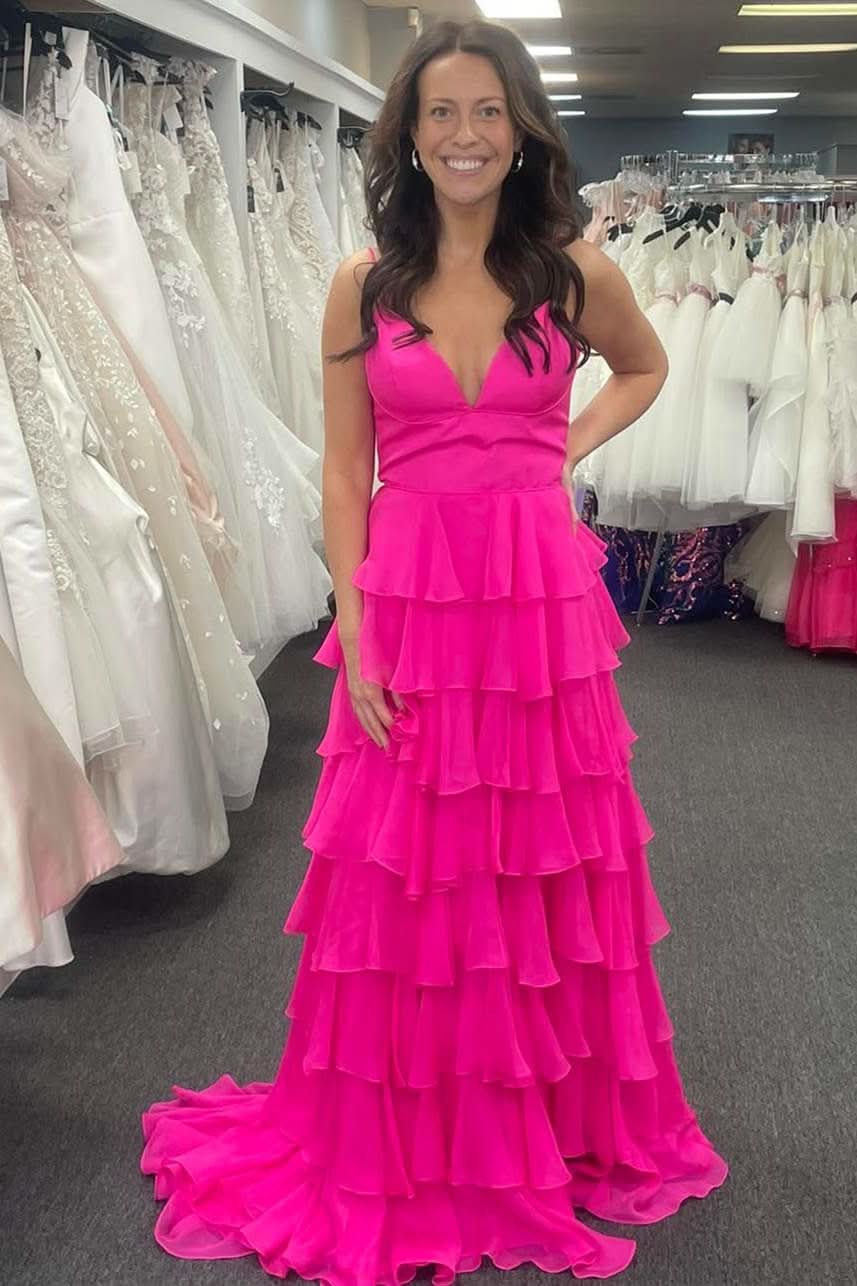 Lovely V-Neck Straps Ruffle Chiffon Prom Dress with Slit BM bride