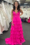 Lovely V-Neck Straps Ruffle Chiffon Prom Dress with Slit BM bride