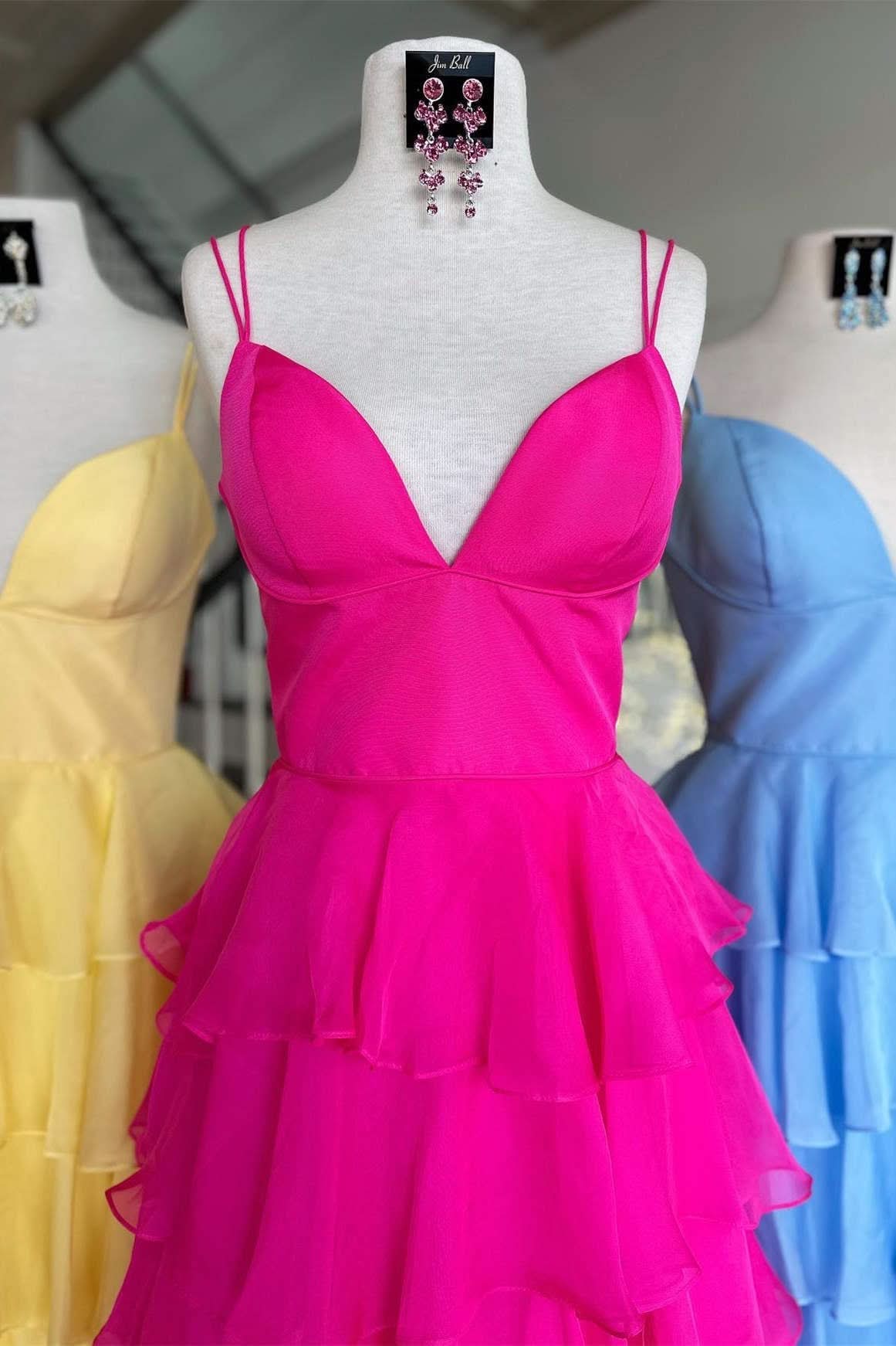 Lovely V-Neck Straps Ruffle Chiffon Prom Dress with Slit BM bride