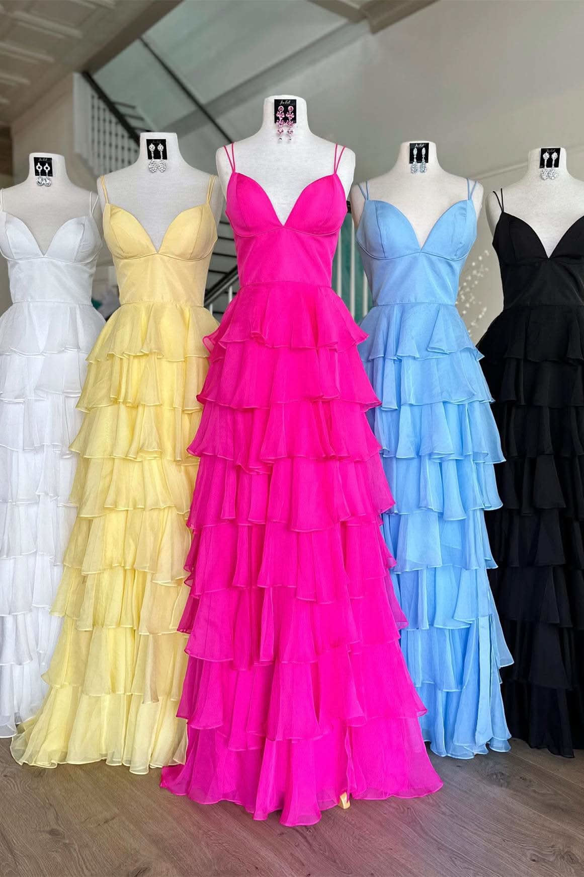 Lovely V-Neck Straps Ruffle Chiffon Prom Dress with Slit BM bride