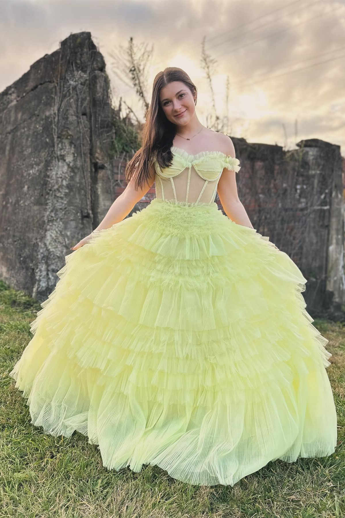 Soft Off-the-Shoulder Light Yellow Ruffle Layered Prom Dress BM bride