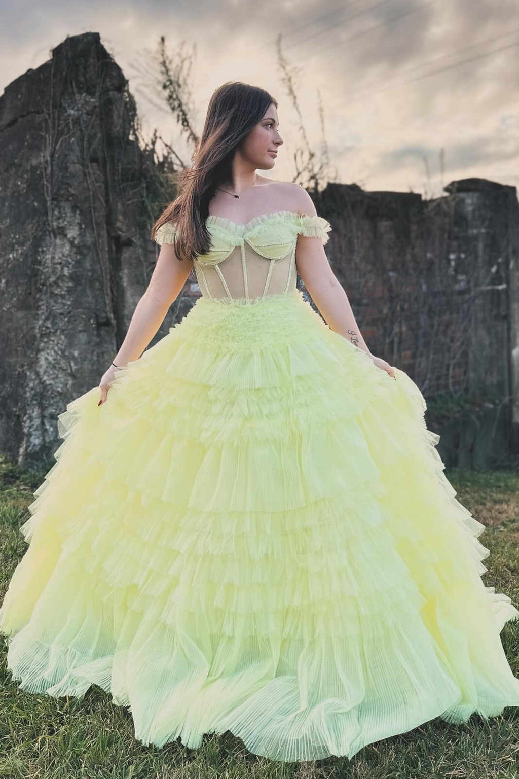 Soft Off-the-Shoulder Light Yellow Ruffle Layered Prom Dress BM bride