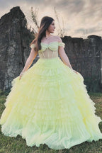 Soft Off-the-Shoulder Light Yellow Ruffle Layered Prom Dress BM bride