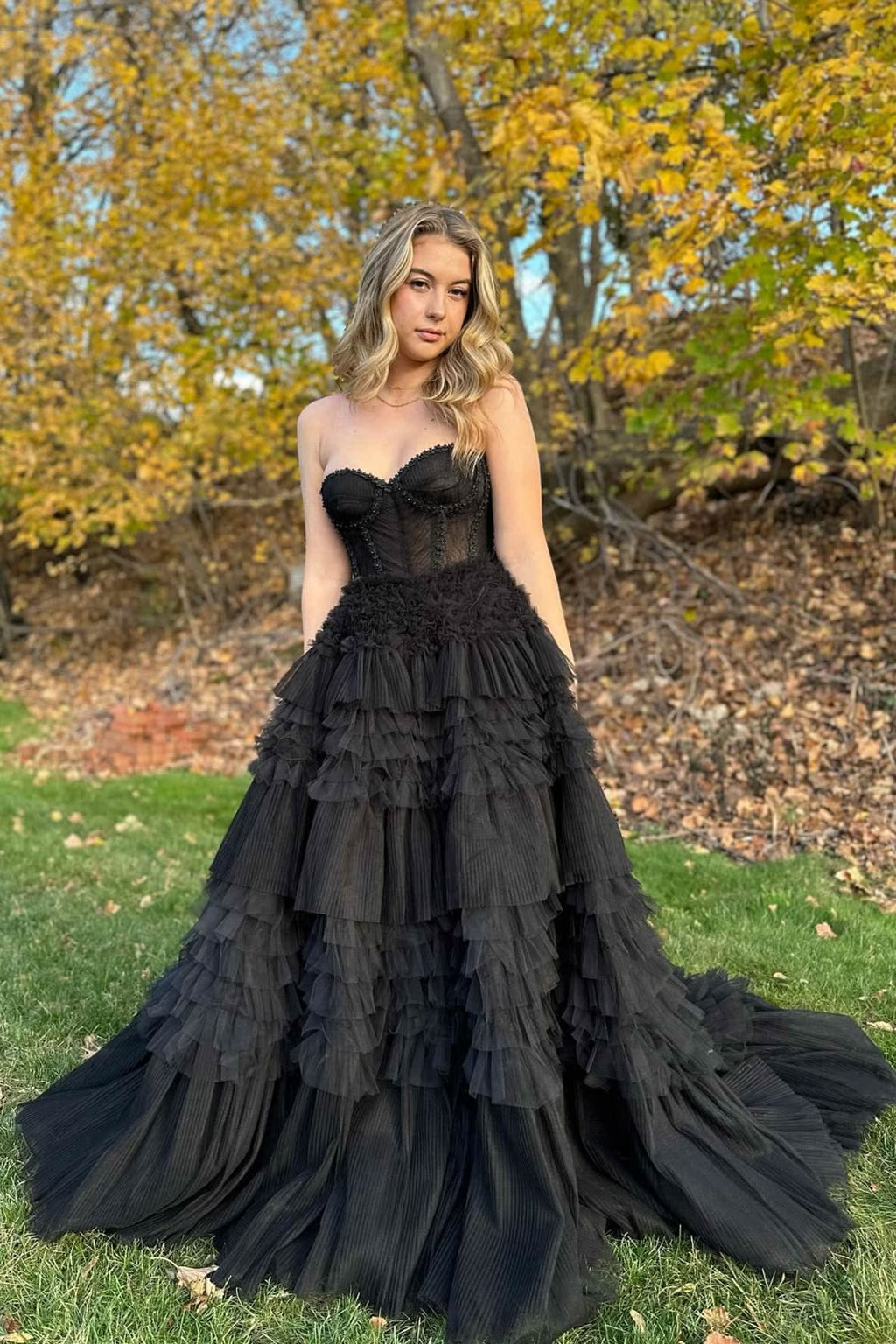 Timeless Black Sweetheart Beaded Tiered A-Line Formal Dress BM bride