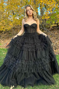 Timeless Black Sweetheart Beaded Tiered A-Line Formal Dress BM bride
