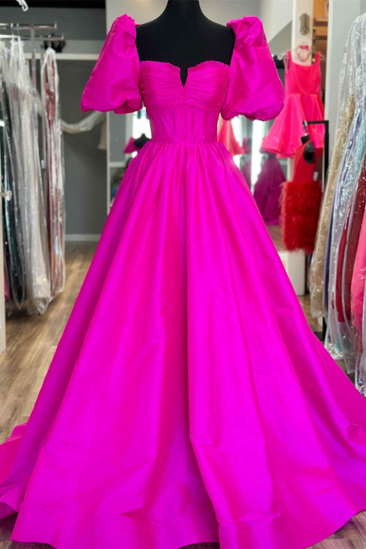 Charming Square Neck Fuchsia Puff Sleeves A-Line Prom Dress BM bride