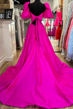 Charming Square Neck Fuchsia Puff Sleeves A-Line Prom Dress BM bride