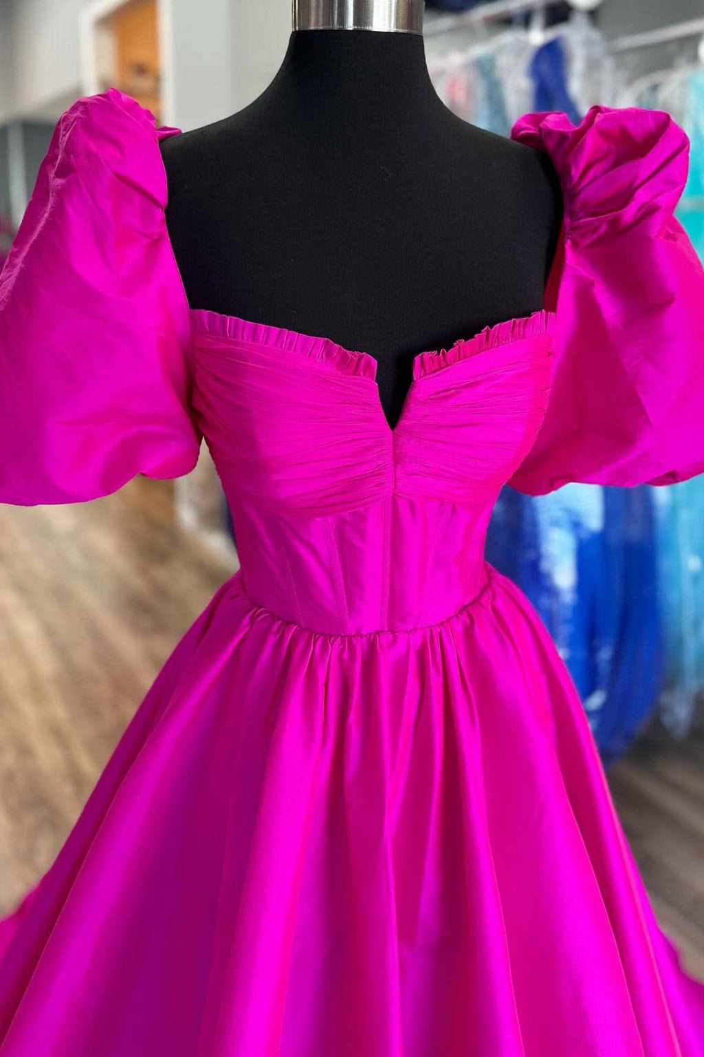 Charming Square Neck Fuchsia Puff Sleeves A-Line Prom Dress BM bride