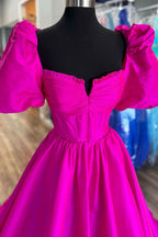 Charming Square Neck Fuchsia Puff Sleeves A-Line Prom Dress BM bride