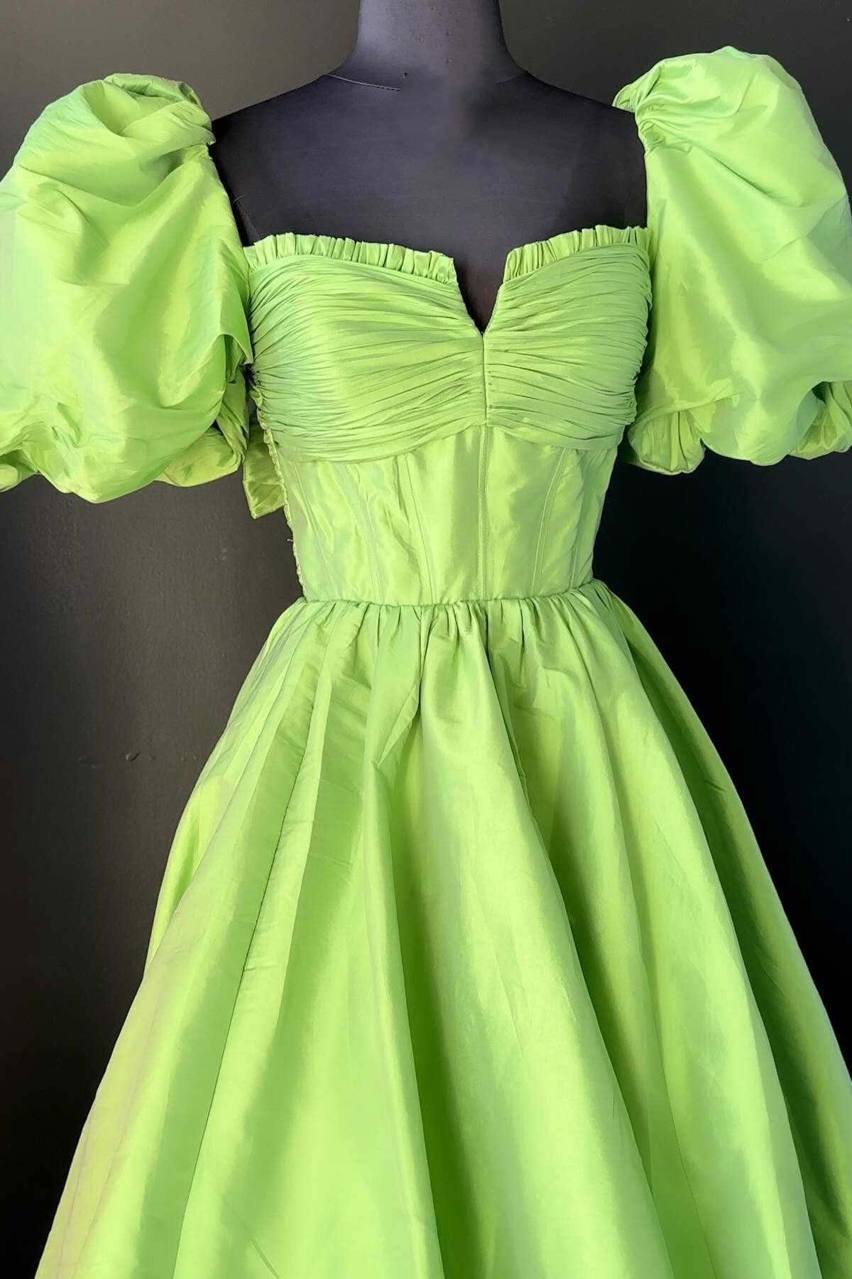 Charming Square Neck Fuchsia Puff Sleeves A-Line Prom Dress BM bride