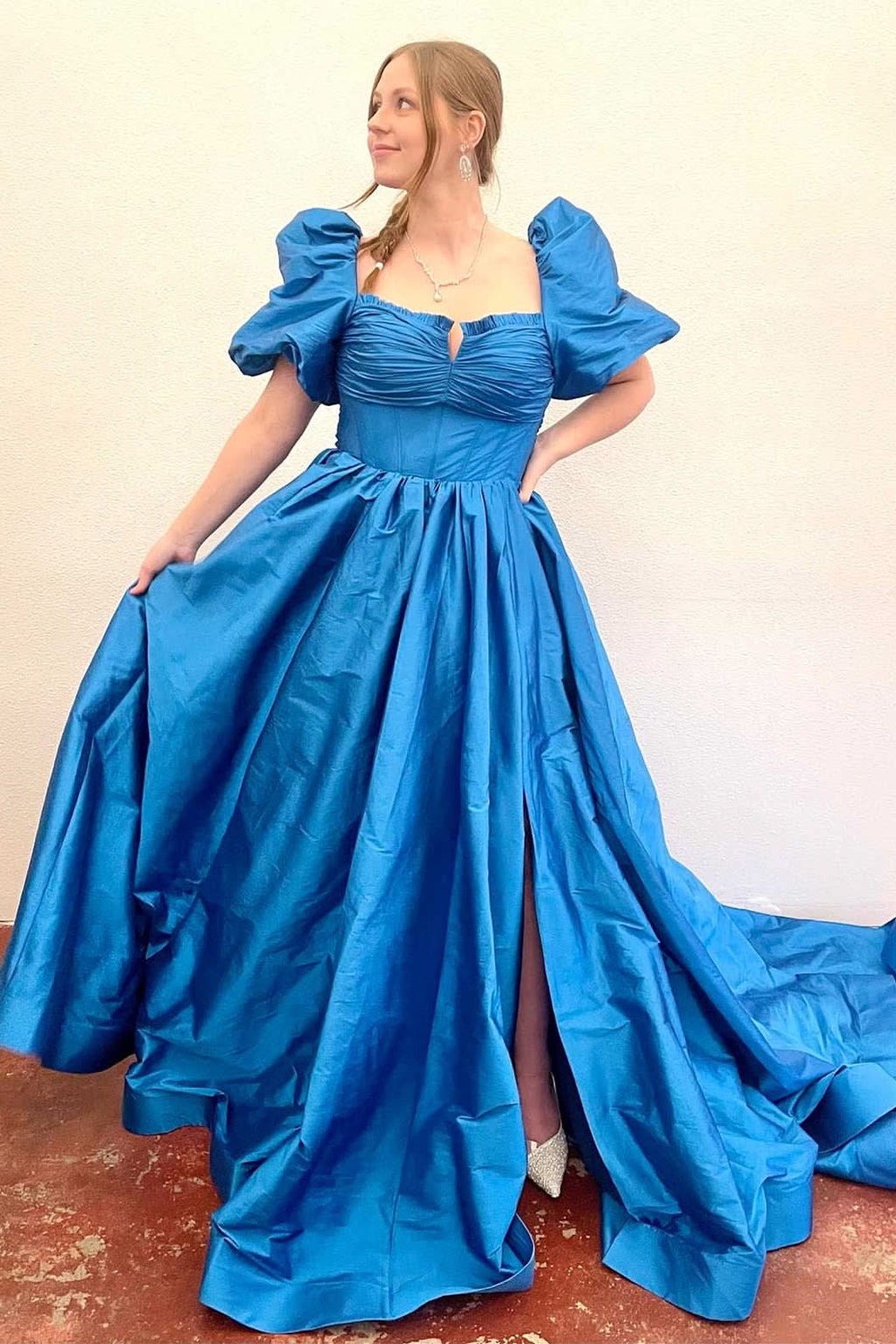 Charming Square Neck Fuchsia Puff Sleeves A-Line Prom Dress BM bride