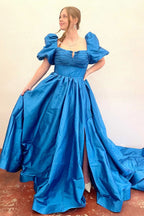 Charming Square Neck Fuchsia Puff Sleeves A-Line Prom Dress BM bride