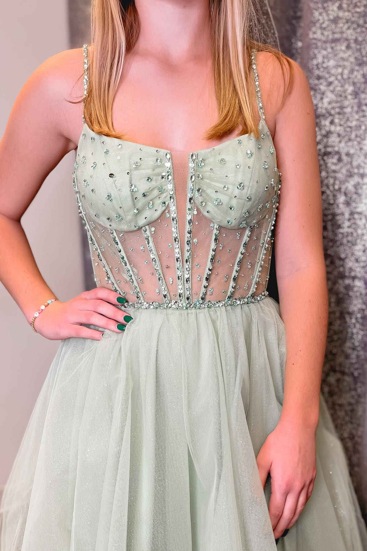 Charming Sage Green Straps Sequin Beaded A-Line Tulle Prom Dress BM bride