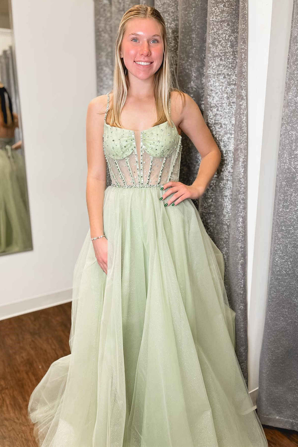 Charming Sage Green Straps Sequin Beaded A-Line Tulle Prom Dress BM bride