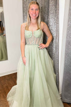 Charming Sage Green Straps Sequin Beaded A-Line Tulle Prom Dress BM bride