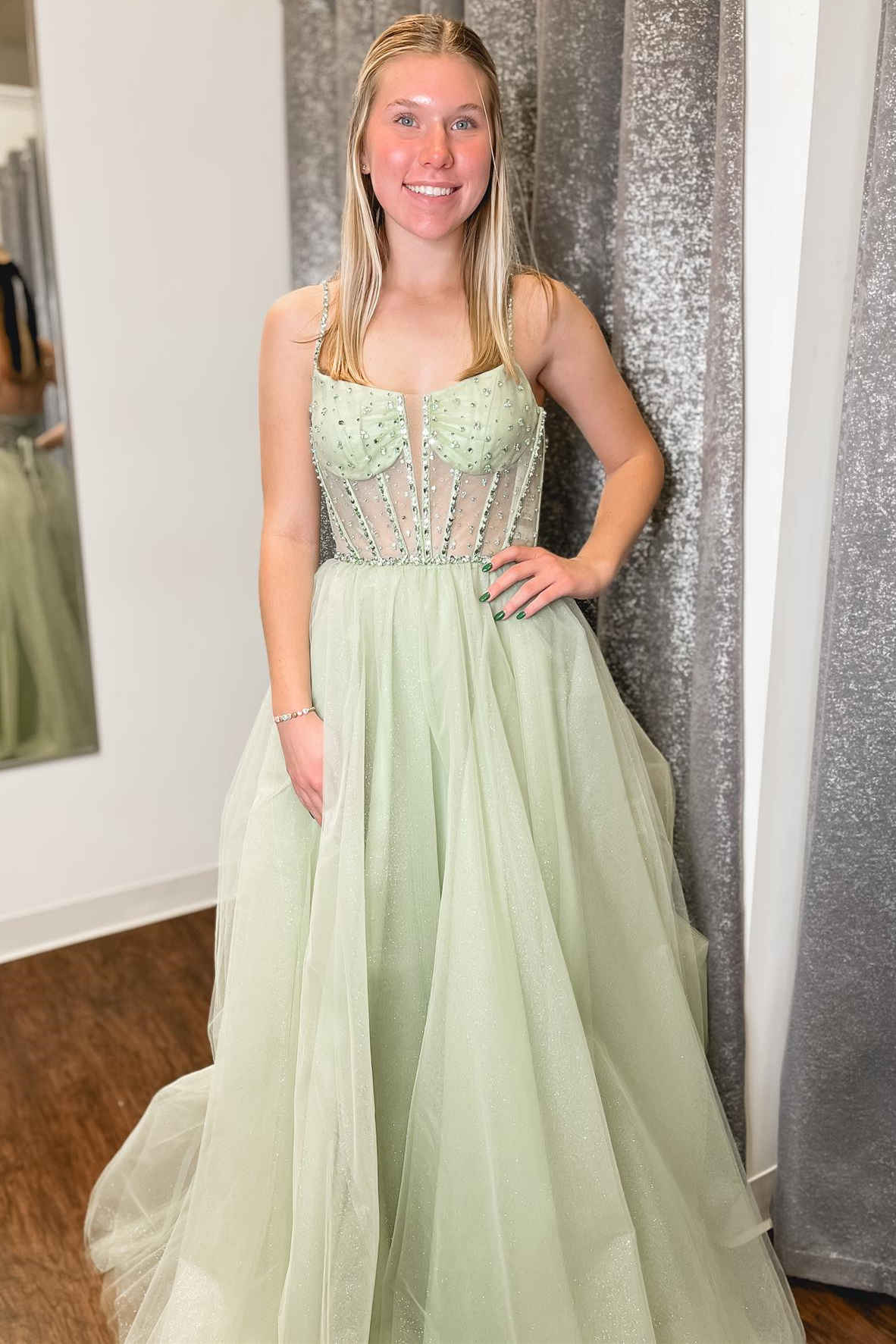 Charming Sage Green Straps Sequin Beaded A-Line Tulle Prom Dress BM bride