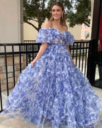 Beautiful Off the Shoulder Blue Floral Print Ruffled Tulle Prom Dress BM bride