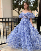 Beautiful Off the Shoulder Blue Floral Print Ruffled Tulle Prom Dress BM bride