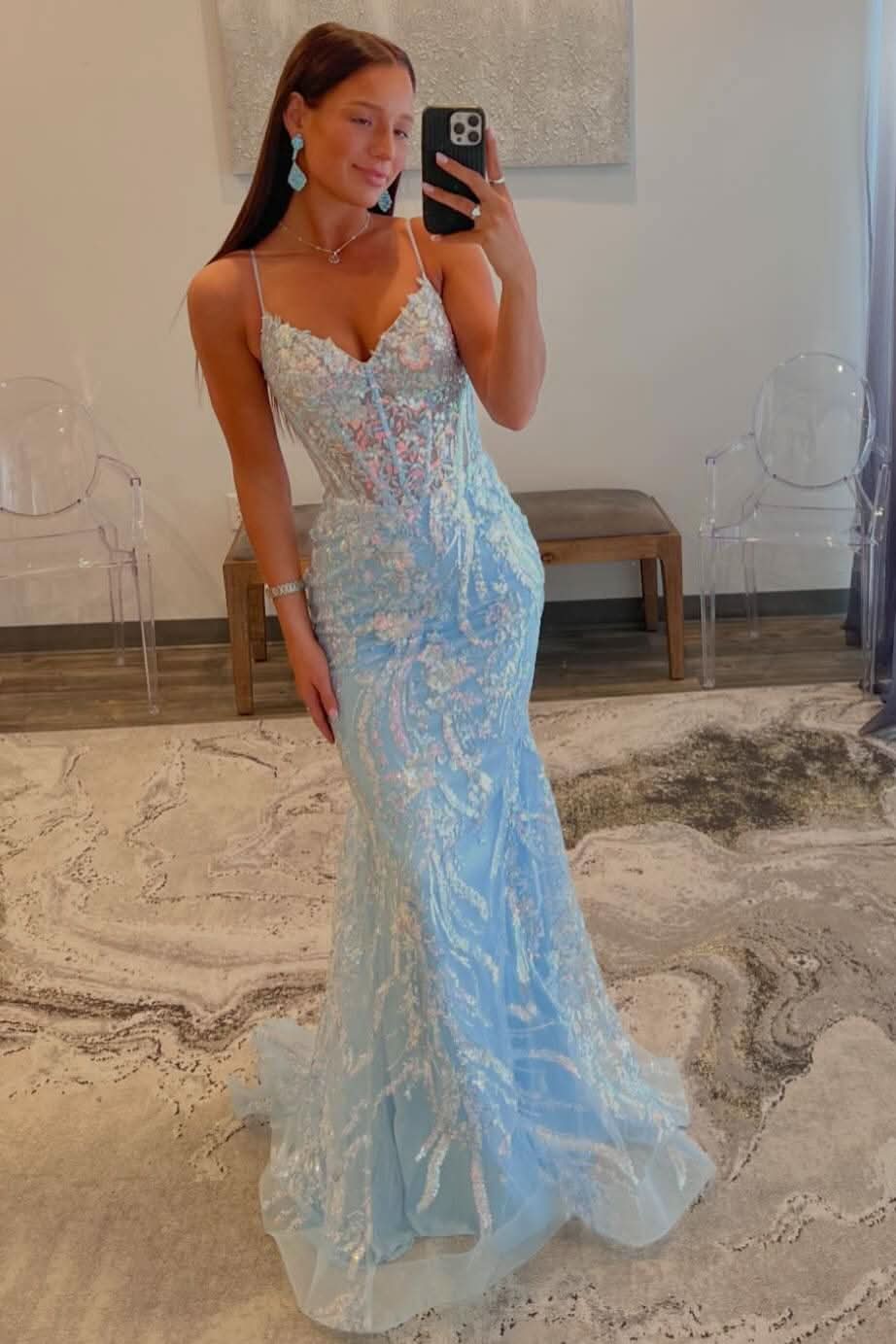 Striking Dark Blue Plunge V Bow-Strap A-Line Long Prom Gown with Stunning Detail BM bride