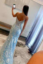 Striking Dark Blue Plunge V Bow-Strap A-Line Long Prom Gown with Stunning Detail BM bride