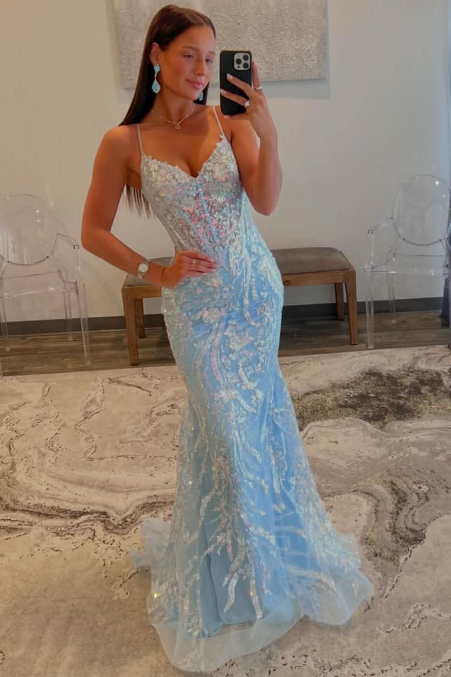 Striking Dark Blue Plunge V Bow-Strap A-Line Long Prom Gown with Stunning Detail BM bride