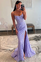 Graceful Lavender Strapless Lace Ruched Mermaid Prom Dress with Slit BM bride