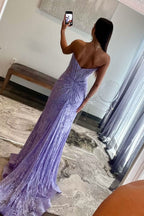 Graceful Lavender Strapless Lace Ruched Mermaid Prom Dress with Slit BM bride