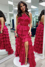 Halter Keyhole Ruffle Tiered Prom Dress with Slit BM bride