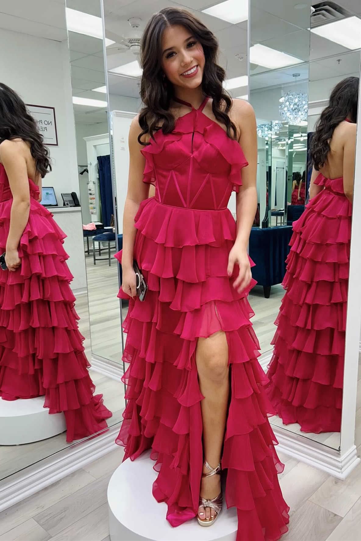 Halter Keyhole Ruffle Tiered Prom Dress with Slit BM bride