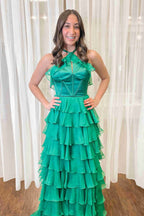 Halter Keyhole Ruffle Tiered Prom Dress with Slit BM bride