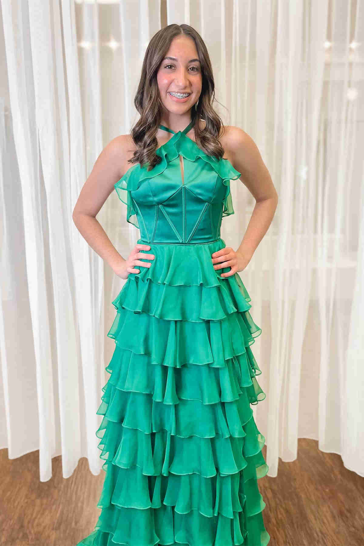 Halter Keyhole Ruffle Tiered Prom Dress with Slit BM bride