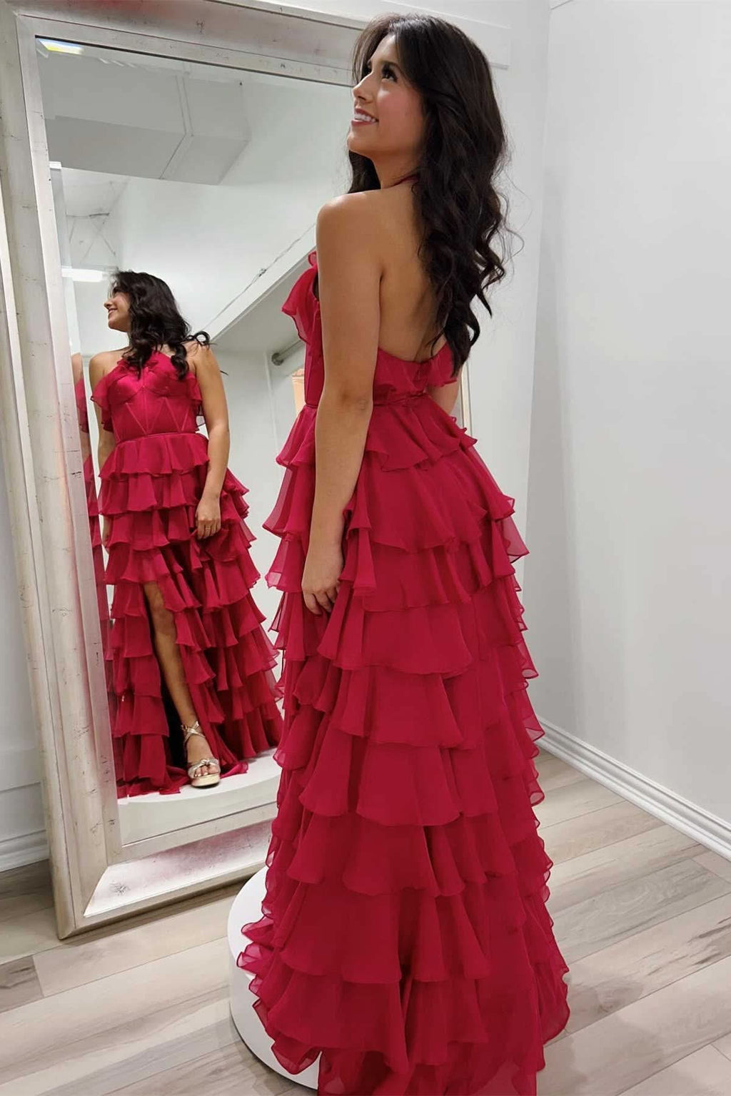 Halter Keyhole Ruffle Tiered Prom Dress with Slit BM bride