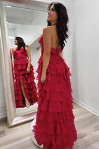 Halter Keyhole Ruffle Tiered Prom Dress with Slit BM bride