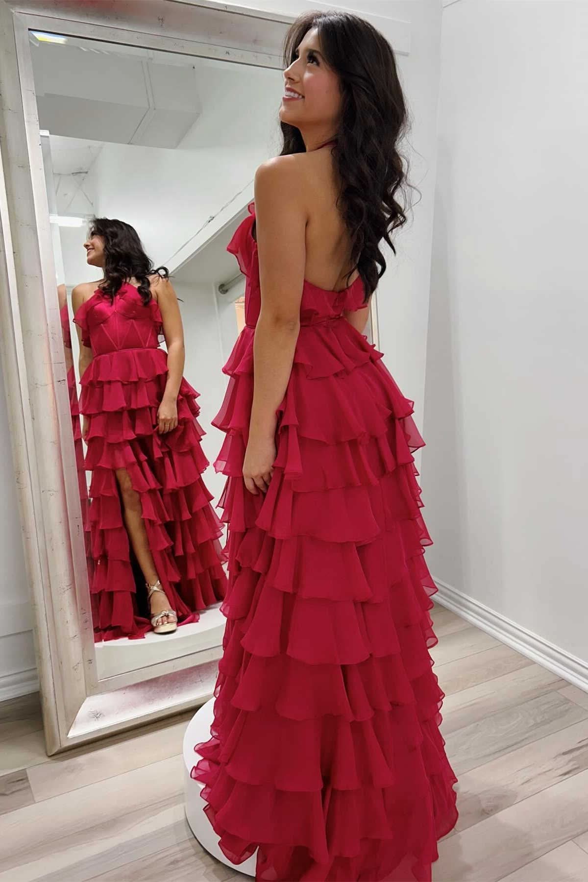 Halter Keyhole Ruffle Tiered Prom Dress with Slit BM bride