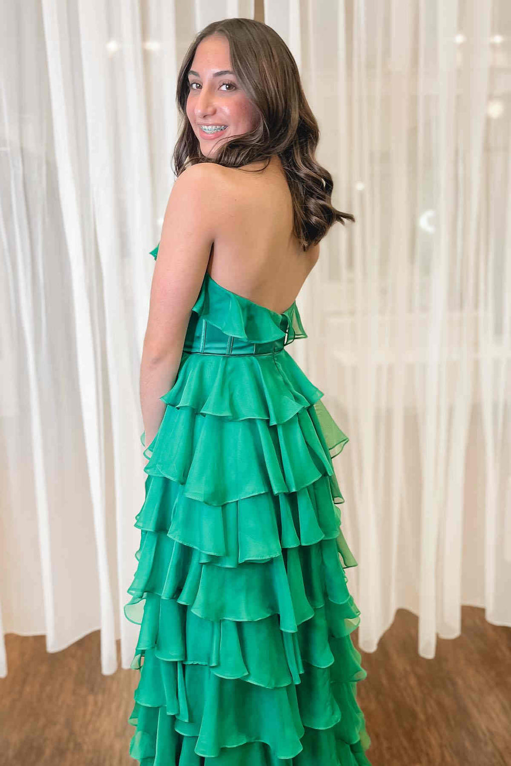 Halter Keyhole Ruffle Tiered Prom Dress with Slit BM bride