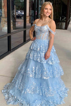 Playful Tulle Sequin Cold-Shoulder Ruffle Tiered Long Prom Dress BM bride