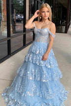 Playful Tulle Sequin Cold-Shoulder Ruffle Tiered Long Prom Dress BM bride