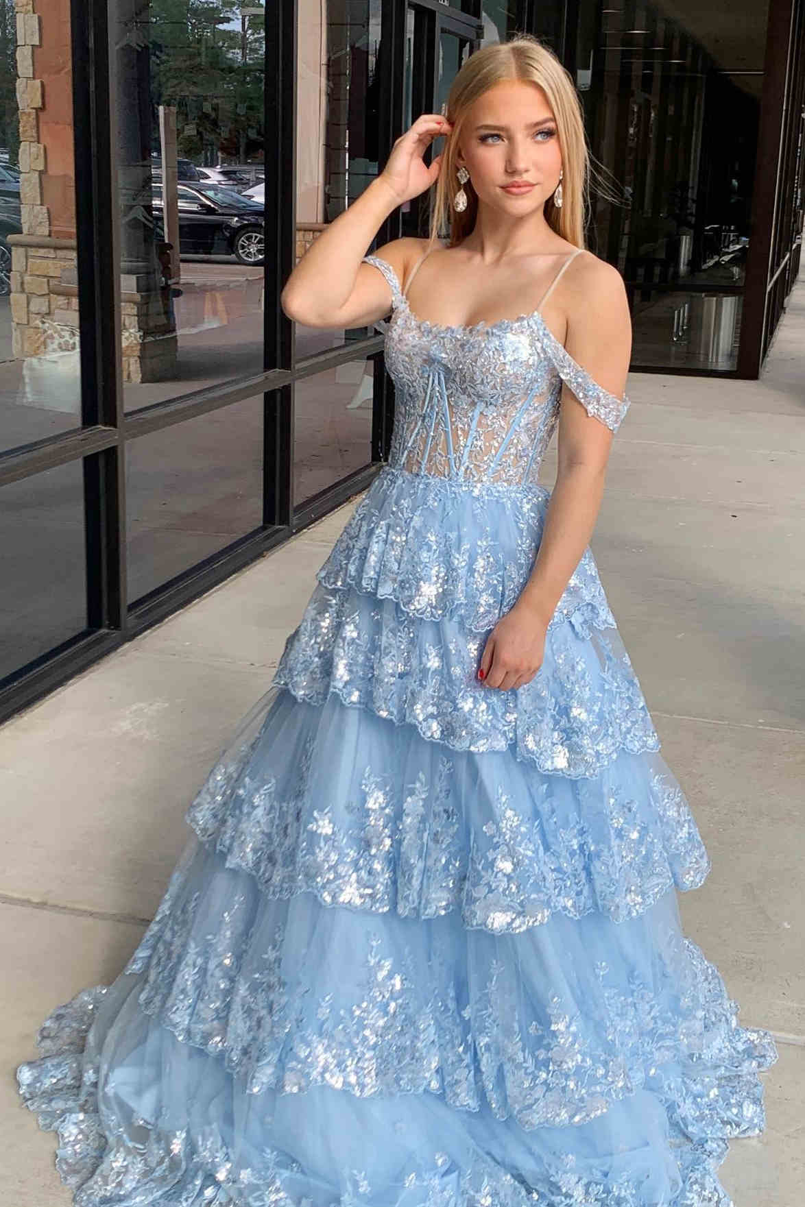 Playful Tulle Sequin Cold-Shoulder Ruffle Tiered Long Prom Dress BM bride