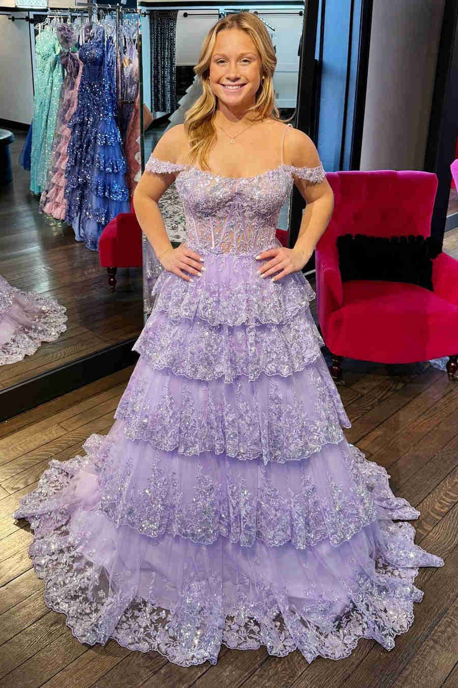 Playful Tulle Sequin Cold-Shoulder Ruffle Tiered Long Prom Dress BM bride