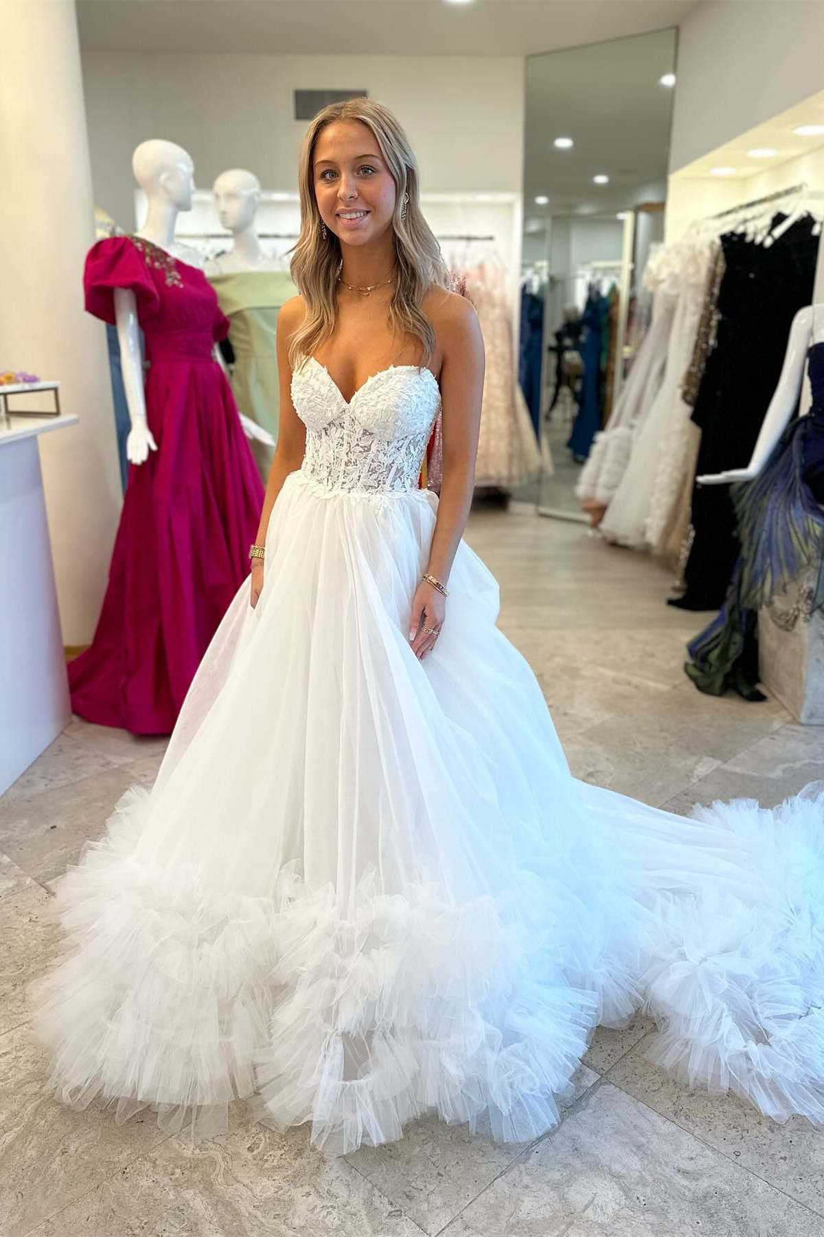 Lovely Red Tulle Appliques Sweetheart Ruffle Long Prom Dress BM bride