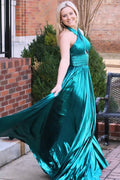 Striking Emerald Green Metallic Keyhole Pleated Gown with Slit BM bride
