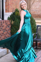 Striking Emerald Green Metallic Keyhole Pleated Gown with Slit BM bride
