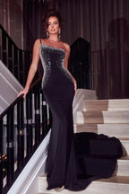 BMbride Glamorous Black Long Glitter One Shoulder Sleeveless Sequined Mermaid Evening Dress BMbride