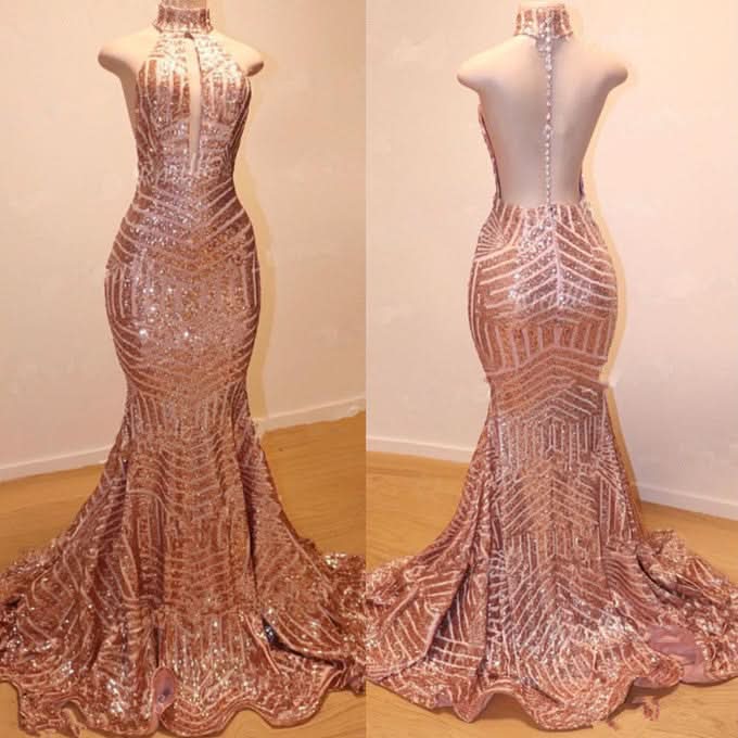BMbride Glamorous High-Neck Sleeveless Sequins Mermaid Long Sequins Evening Gowns BMbride
