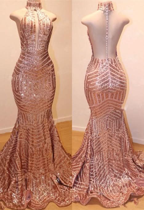 BMbride Glamorous High-Neck Sleeveless Sequins Mermaid Long Sequins Evening Gowns BMbride